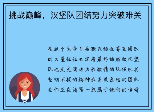 挑战巅峰，汉堡队团结努力突破难关